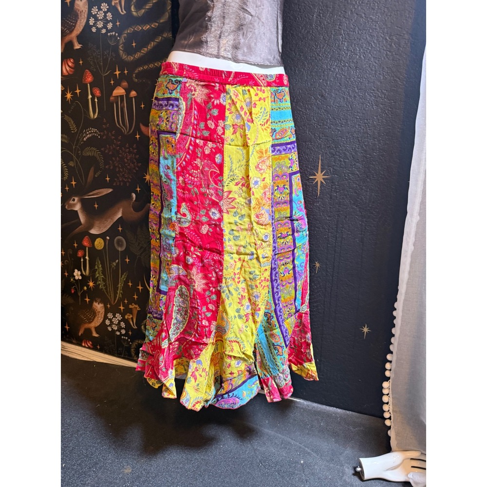 Requirements Boho Patchwork Maxi Skirt Red Yellow Paisley Floral Ruffle Hem M